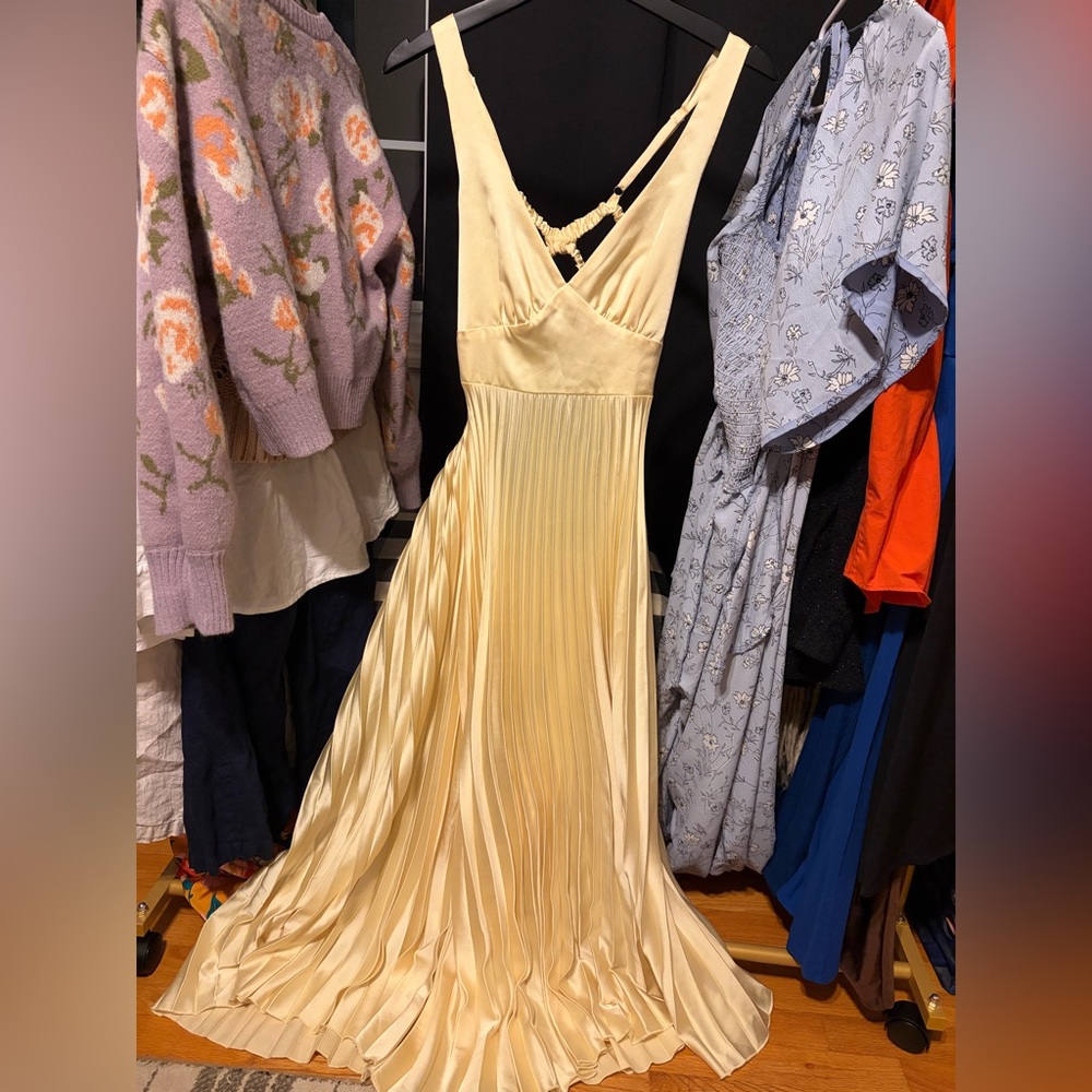 Yellow Satin Pleated Dress
